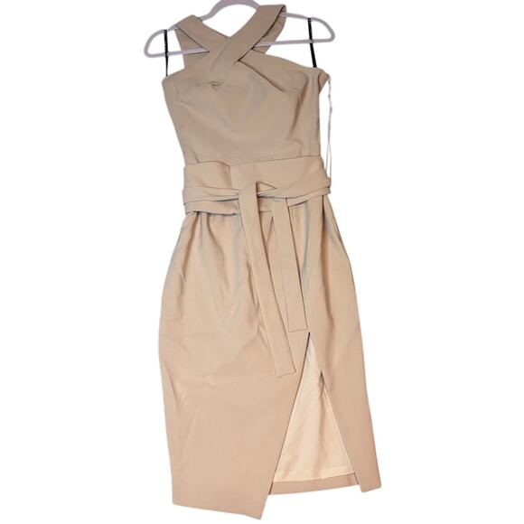 Lavish Alice Beige Halter Midi Dress w/ Obi Belt NWT Size 0 Wedding Guest - Picture 5 of 8